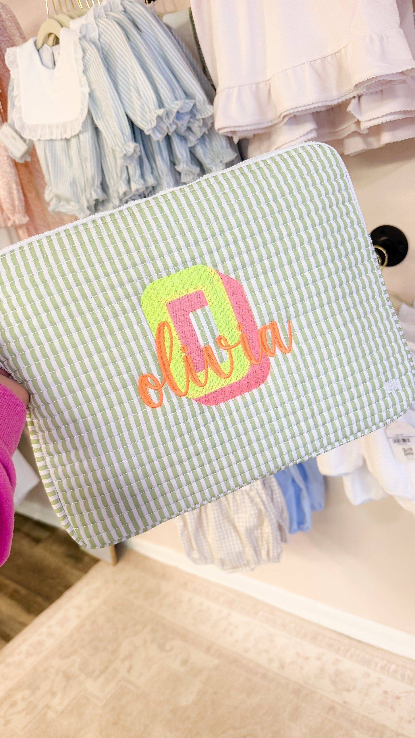 QUILTED LAPTOP SLEEVE - PIMLICO STRIPE SAGE