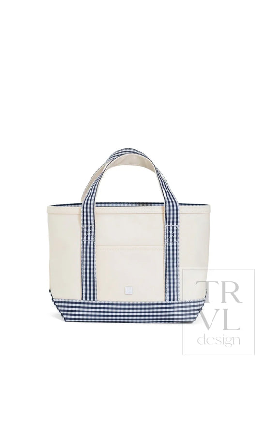 TRVL MINI TOTE - COATED CANVAS NATURAL WITH NAVY GINGHAM TRIM