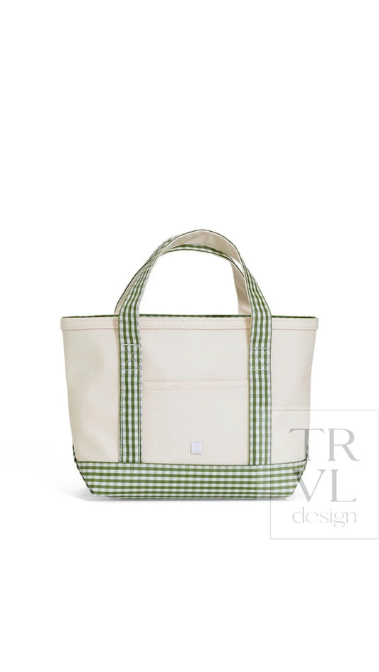 TRVL MINI TOTE - COATED CANVAS NATURAL WITH MOSS GINGHAM TRIM