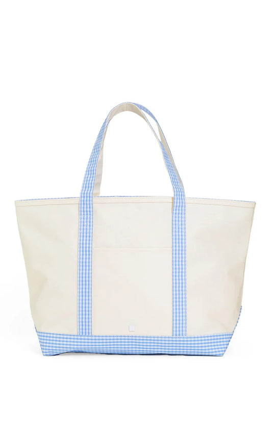 TRVL MAXI TOTE NATURAL WITH BLUE GINGHAM TRIM COATED CANVAS