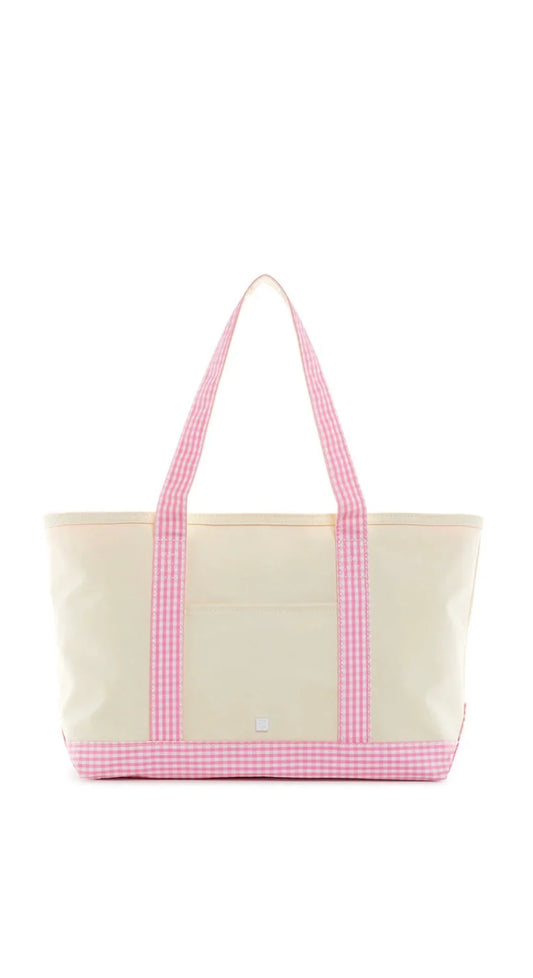 TRVL MEDIUM TOTE - COATED CANVAS NATURAL WITH PINK GINGHAM TRIM