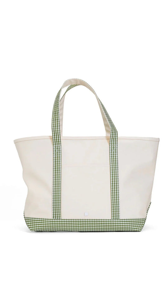 TRVL MAXI TOTE NATURAL WITH MOSS GINGHAM TRIM COATED CANVAS