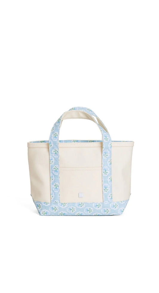 TRVL MINI TOTE - COATED CANVAS NATURAL WITH PETITE FLEUR BLUE