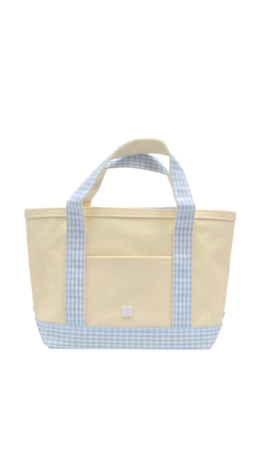 TRVL MINI TOTE - COATED CANVAS NATURAL GINGHAM MIST TRIM