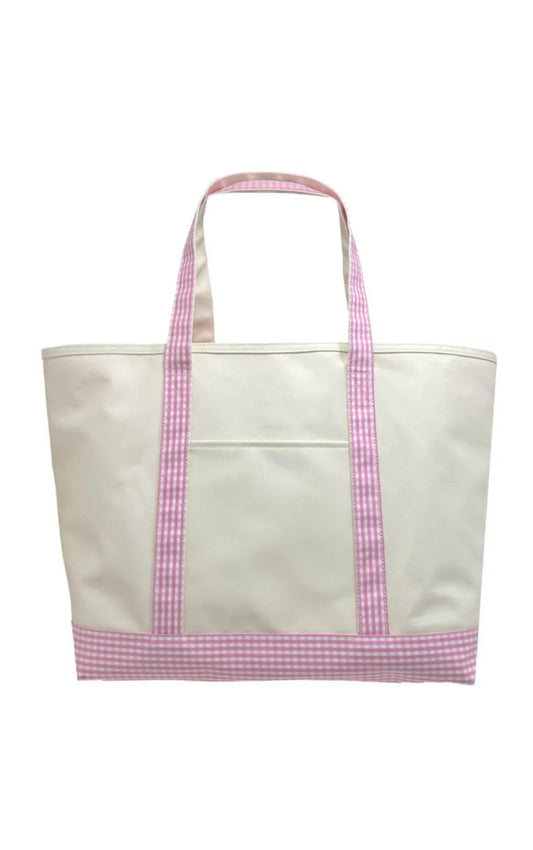 TRVL MAXI TOTE NATURAL WITH PINK GINGHAM TRIM COATED CANVAS