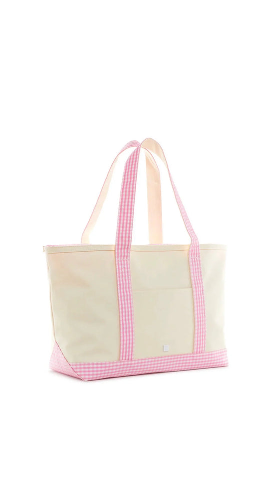 TRVL MEDIUM TOTE - COATED CANVAS NATURAL WITH PINK GINGHAM TRIM