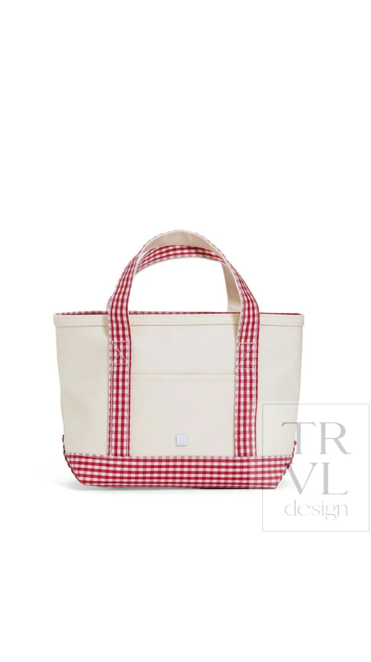 TRVL MINI TOTE - COATED CANVAS NATURAL WITH RED GINGHAM TRIM